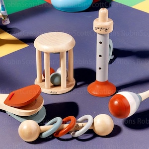 Personalise Wooden Rattle Toy Set, Handbell Musical Instrument Bell Music Early Education Toy Wooden Toys Gift for Kids Wooden Baby Toys