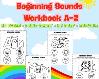 Editable Beginning Sounds Worksheets Alphabet Workbook Printable Kindergarten Phonics Activities Letter Sound Recognition PDF