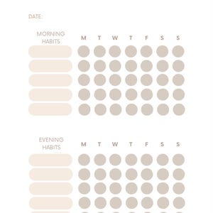 May include: A beige and white fitness tracker with the text "FITNESS HABITS" at the top. The tracker has sections for morning and evening habits, with circles for each day of the week. There are also spaces to write the date.