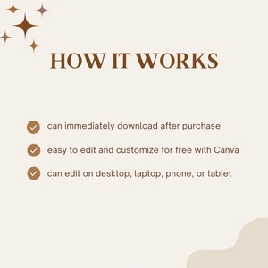 May include: A beige graphic with the text "HOW IT WORKS" in brown. The text is followed by three bullet points: "can immediately download after purchase", "easy to edit and customize for free with Canva", and "can edit on desktop, laptop, phone, or tablet."