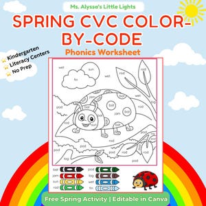 Op de afbeelding: Een werkblad over het thema lente met een kleur-per-code ontwerp. Het werkblad toont een lieveheersbeestje, wolken en andere lente-elementen. De tekst op het werkblad luidt "SPRING CVC COLOR-BY-CODE Phonics Worksheet".