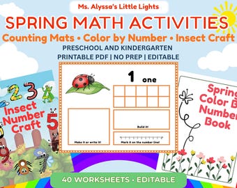 Spring Math Printables: Kindergarten Counting Mats, Color by Number, Insect Craft (PDF)