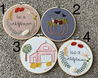 Finished hand embroidered summer and fall hoops 6in