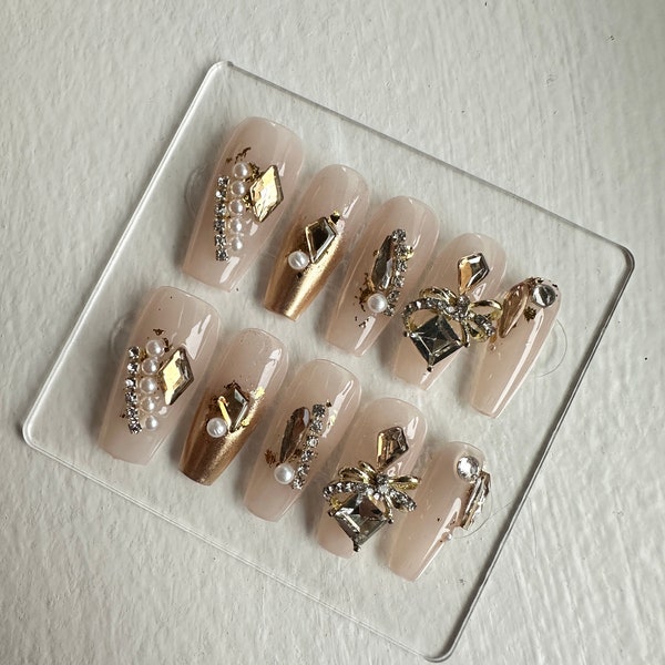 Great Gatsby Luxe Style Gold Diamond Press On Nail Hand Drawn | Wedding Nails | Christmas Nails | New Year Nails | Princess nails