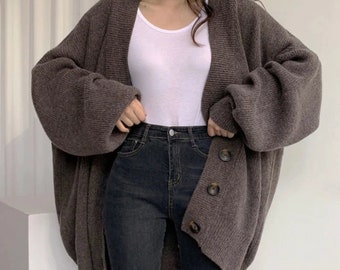 High Quality Lazy Knitted Cardigan Female V-neck Single-breasted Loose Lantern Sleeve Sweater Coat Women Oversized Sweater Fashion Sweater