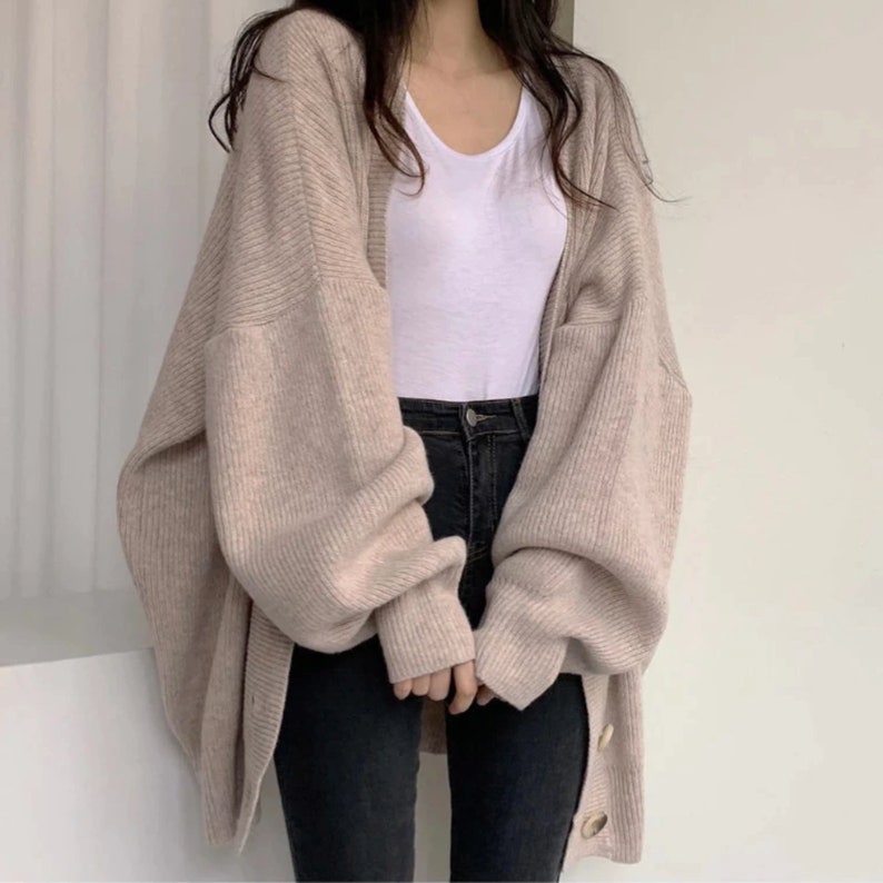 Hochwertige Lazy Strickjacke Weibliche V-Ausschnitt Einreiher Lose Laterne Ärmel Pullover Mantel Frauen Oversized Pullover Mode Pullover Apricot