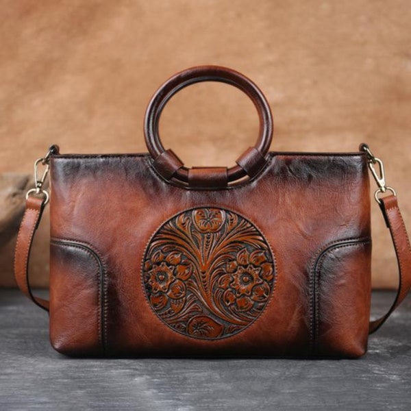 Neue Hochwertige Leder Frauen Handtasche Retro Handgemachte Geprägte Umhängetasche Für Frauen Große Kapazität Weibliche Messenger Bags