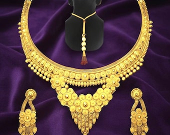 Gold Plated Kundan Choker Necklace Earrings, Indian Bridal Polki Set, Temple Wedding Tikka Style
