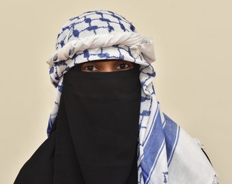 Achetez-en 1 et obtenez-en 1 gratuit écharpe keffieh kufiya bleu blanc Palestine (48*48) - Shemagh traditionnel palestinien avec glands Arafat Hatta de style arabe gratuit