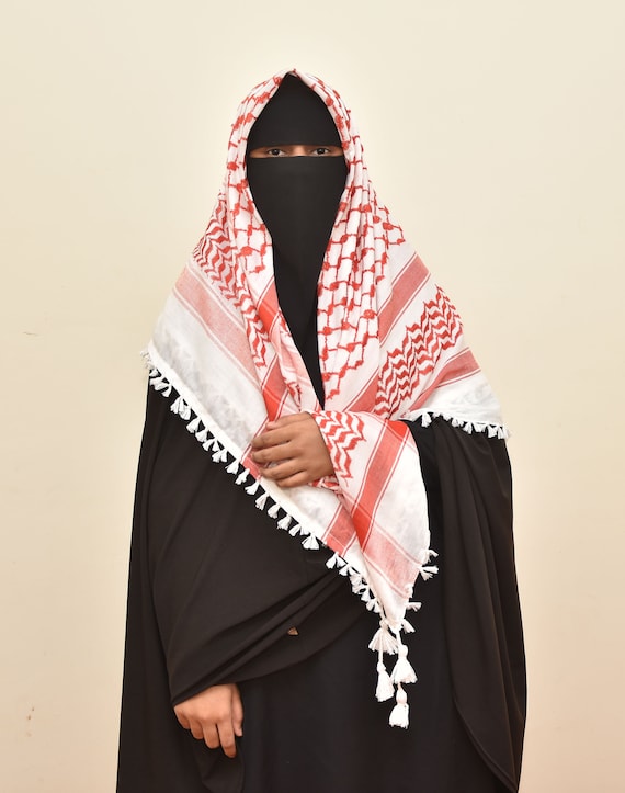 赤と白のパレスチナのクーフィーヤ スカーフ：伝統的なアラブの