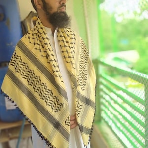 Yellow Palestine Keffiyeh Scarf: Traditional Arab Shemagh with Tassels