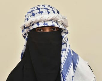 Foulard keffieh Palestine - Shemagh bleu et blanc, style arabe traditionnel