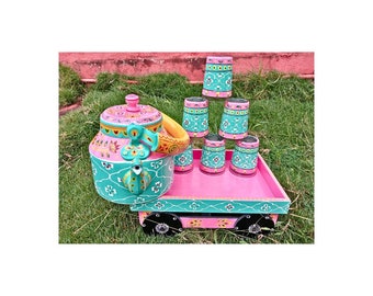 Hand Painted Beautiful Tea Pot Set(6 Glasses With Wooden Kart) Indian Decor, Morning Tea Pot, Spring Tea Pot, Tea Lovers Gift, House Warming