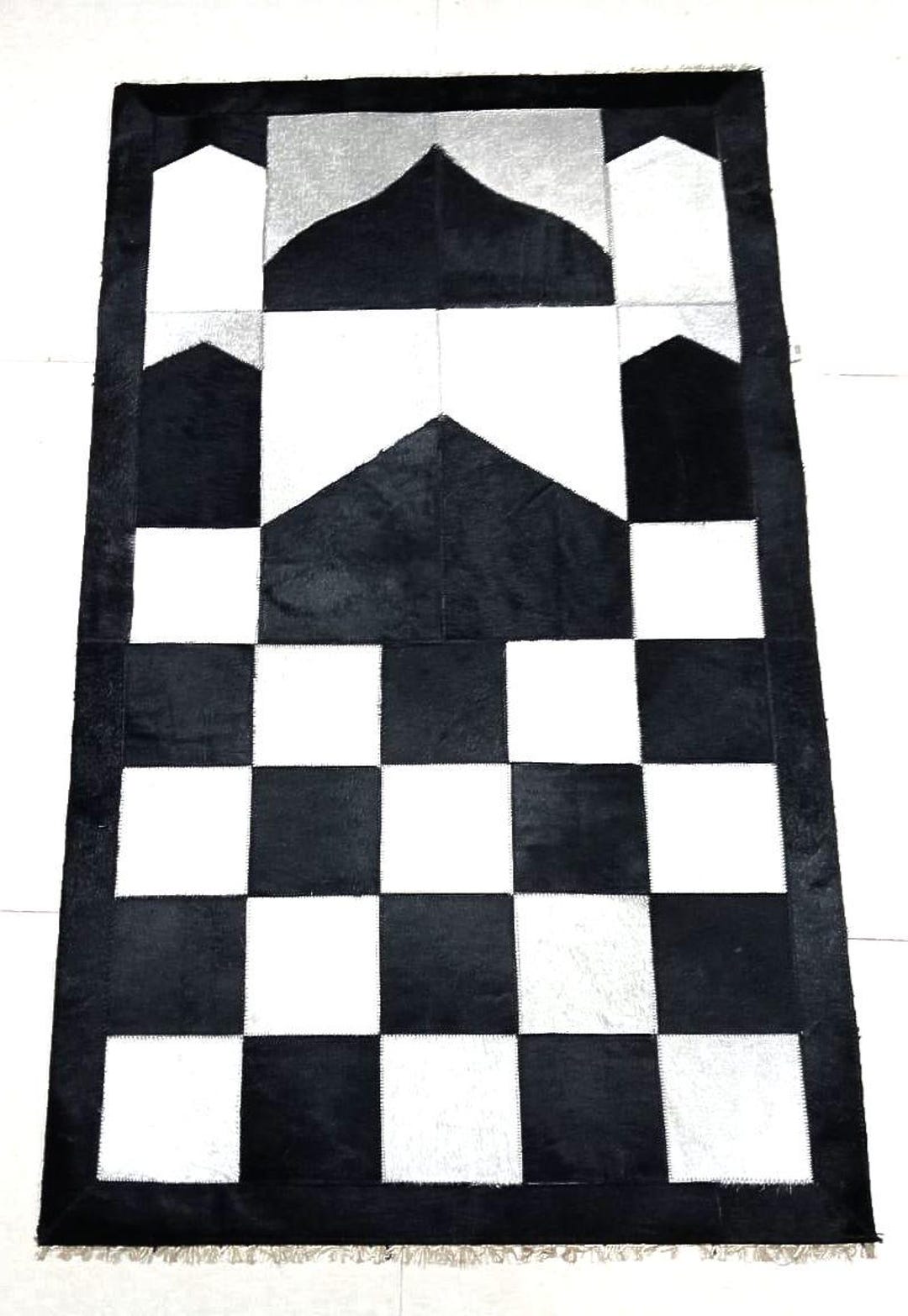 Organic Cowhide Leather Prayer Rug: Black & White Islamic Musallah ...