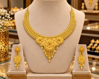 Gold Plated Necklace Earrings Set for Women, Handcrafted Kundan Style Bridal Jewelry, Indian Pakistani Wedding Party Wear, Gift for Her