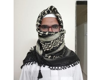 Palestine Cream Keffiyeh Kufiya Scarf (48*48)- Free Palestine Traditional Shemagh with Tassels Arafat Hatta Arab Style Headscarf for unisex.