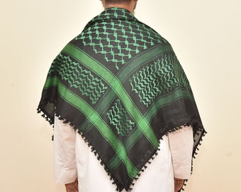 Foulard Palestinien (Keffieh) En Coton - Motif étoile Et Damier Noir/vert Olive - 95x95 Cm - Neuf