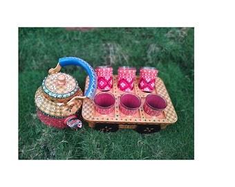 Handgeschilderde mooie theepotset (6 glazen met houten kart) Indiaas decor, ochtendtheepot, lentetheepot, theeliefhebbers cadeau, huisopwarming