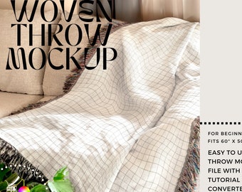 Woven Throw Mockup Template: Neutral Sofa, 60" x 50" (Photoshop)