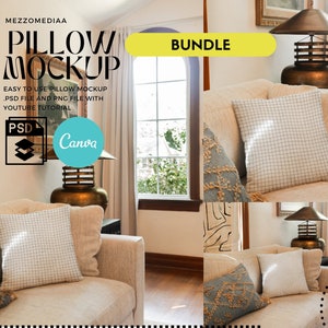 Lot de maquette d'oreiller : modèles Canva + Photoshop - maquette de coussin, maquette d'oreiller sur un canapé, maquette de coussin décoratif PSD, style de vie