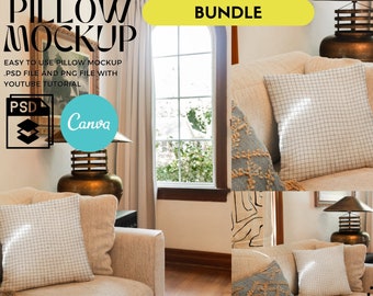 Pillow Mockup Bundle: Canva + Photoshop Templates - Throw Pillow Mockup, Pillow Mockup on Sofa, Decorative Cushion Mockup PSD, Lifestyle