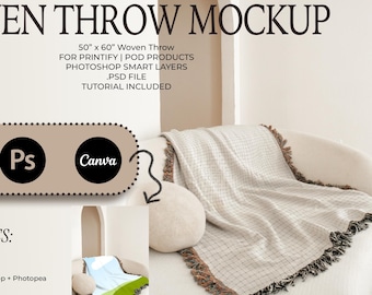 Throw Blanket Mockup PSD + PNG | Minimalist Boho Living Room Scene with Arch | Canva | Photoshop | Photopea | Smart Layers | No AI