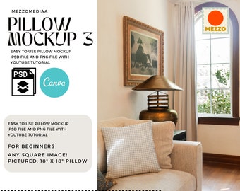 Pillow Mockup Template: Canva + Photoshop - Throw Pillow Mockup, Pillow Mockup on Sofa, Decorative Cushion Mockup PSD, Pillows