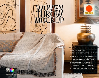 Woven Throw Mockup Template: Modern Neutral Sofa (Photoshop, Digital Download)