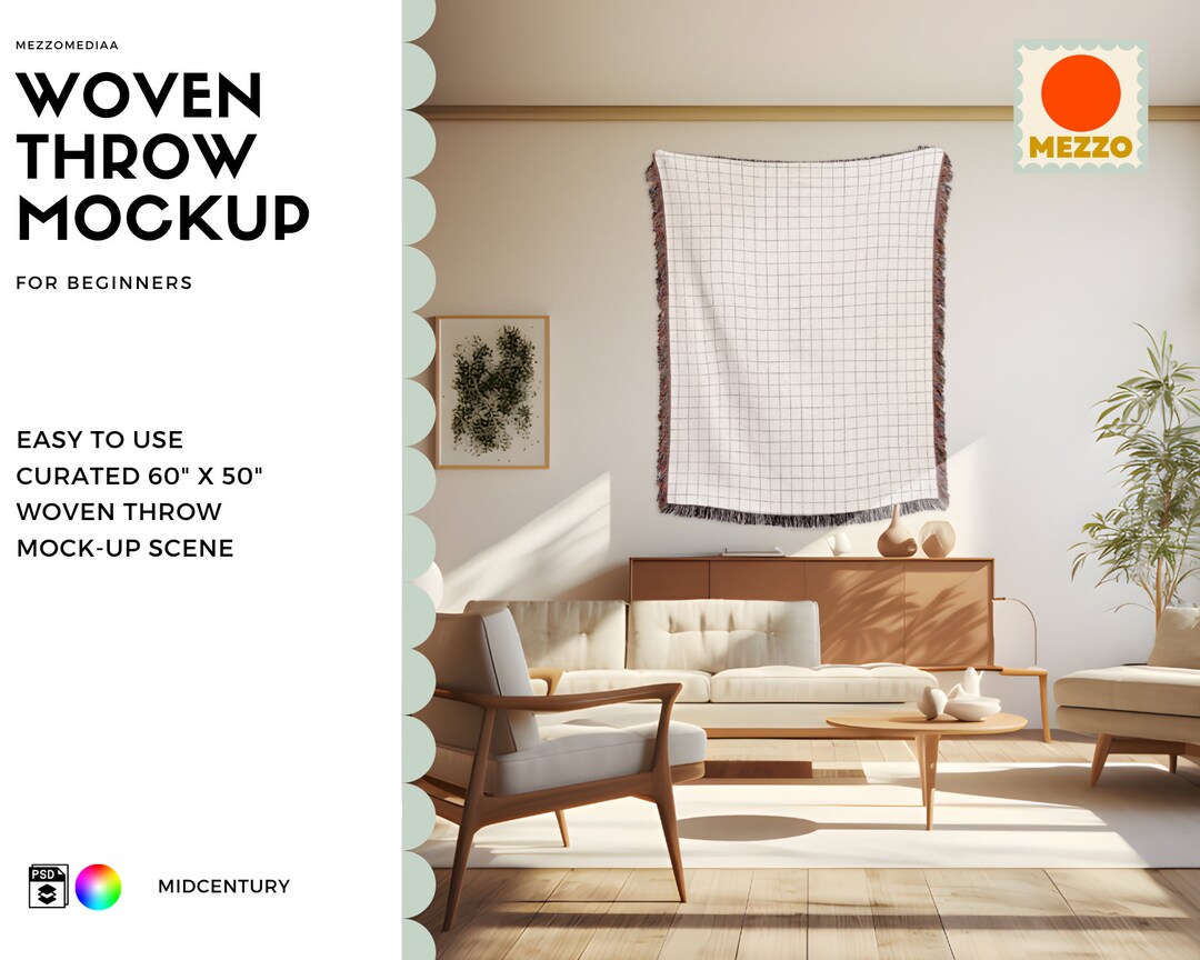 MIDCENTURY Woven Throw Blanket Mockup Template Beginner Easy to Use