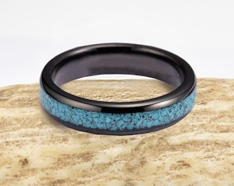 VE46 - 4mm - Women's Blue Turquoise Inlay Tungsten Carbide Wedding Ring Band. Black Domed Style Tungsten Carbide Ring. 4-13