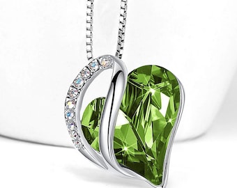 XZ81 - August Birthstone - Light Green Peridot Looped Heart Design Crystal Pendant and CZ stones - with 18" Chain Necklace.