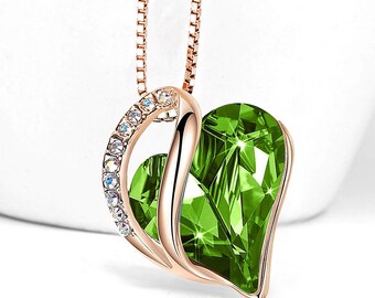 HI37 - August Birthstone - Light Green Peridot Looped Heart Design Crystal - Rose Gold Pendant and CZ stones - with 18" Chain Necklace.