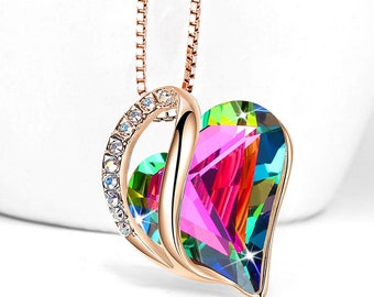 MN42 - Dark Rainbow Looped Heart Design Crystal - Rose Gold Pendant and CZ stones - with 18" Chain Necklace.