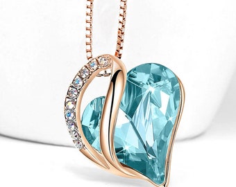 BC31 - December Birthstone - Light Blue Topaz Looped Heart Design Crystal - Rose Gold Pendant and CZ stones - with 18" Chain Necklace.