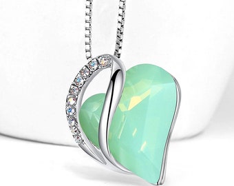 TU77 - Lucky Green Jade Gem - Looped Heart Design Crystal Pendant and CZ stones - with 18" Chain Necklace.