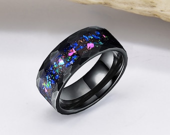 AT41 - 8mm Unisex or Men's Tungsten Carbide Wedding Ring Bands. Diamond Faceted Black Band and Multiple Color Rainbow Opal Inlay. 5-15