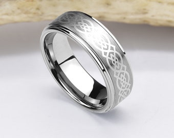 GK53 - 8mm Unisex or Men's Tungsten Carbide Wedding Ring Band. Laser Etched Silver Band Celtic Knot Ring. 7-14