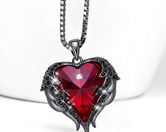 KM94 - Angel Wings Heart Crystal Heart Red Pendant - (Black Tone) with 18" Chain Necklace.