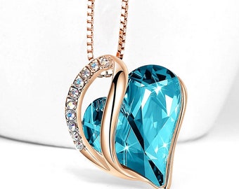 EF34 - March Birthstone - Turquoise / Aqua Blue Looped Heart Design Crystal Rose Gold Pendant and CZ stones - with 18" Chain Necklace.