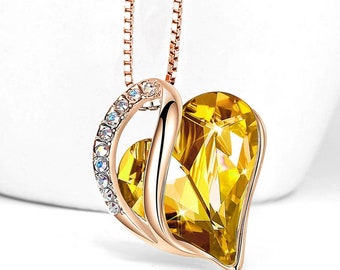 AA30 - November Birthstone - Dark Yellow Citrine Looped Heart Design Crystal - Rose Gold Pendant and CZ stones - with 18" Chain Necklace