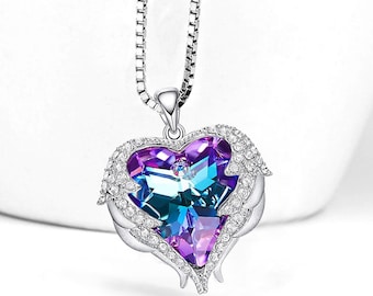 EG89 - Angel Wings Heart Crystal Heart Purple and Blue Pendant - (Silver Tone) with 18" Chain Necklace.