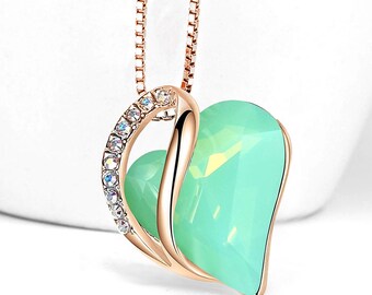 GH36 - Lucky Green Jade Gem - Looped Heart Design Crystal Rose Gold Pendant and CZ stones - with 18" Chain Necklace.