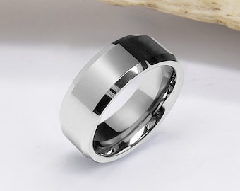 8mm - Unisex or Men's Tungsten Wedding Band with Beveled Edges. High Polished Silver Tone - Wedding Bands for Him. 8-13