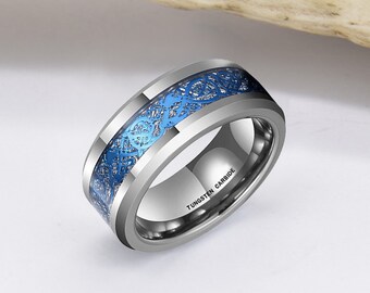 HA68 - 8mm Unisex or Men's Tungsten Carbide Wedding Ring Band. Silver and Sky Blue Resin Inlay Celtic Knot Ring - 6-14