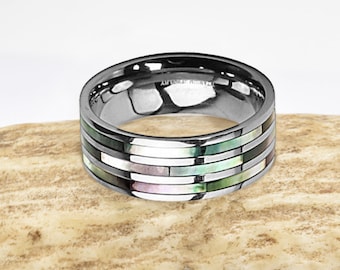 8mm - Unisex or Men's Multi Color Rainbow Abalone Shell Inlay Titanium Wedding Ring Bands. Light Weight Triple Line Ring - Silver Tone. 5-13