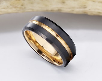 KF21 - 8mm Unisex or Men's Tungsten Carbide Wedding Ring Band. Black Matte Finish Beveled Edge Ring. 18K Yellow Gold Inside & Groove. 4-14