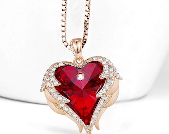 WW04 - Angel Wings Heart Crystal Heart Red Pendant - (Rose Gold Tone) with 18" Chain Necklace.