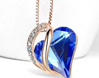 JJ38 - September Birthstone - Dark Blue Sapphire Looped Heart Design Crystal - Rose Gold Pendant and CZ stones - with 18" Chain Necklace.