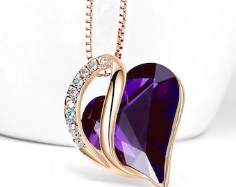 DE33 - February Birthstone - Purple / Dark Amethyst Looped Heart Design Crystal - Rose Gold Pendant and CZ stones - with 18" Chain Necklace