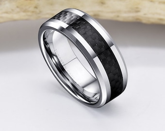 8mm - Unisex or Men's Silver and Black Carbon Fiber Inlay Tungsten Wedding Band. Comfort Fit. 7-15